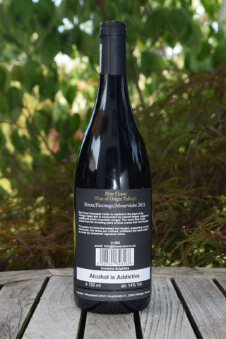 Blue Crane-Full Flight-Rotwein-Südafrika-Etikettansicht-valleygrapes